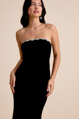 Leesa Black Velvet Rhinestone Mermaid Maxi Dress