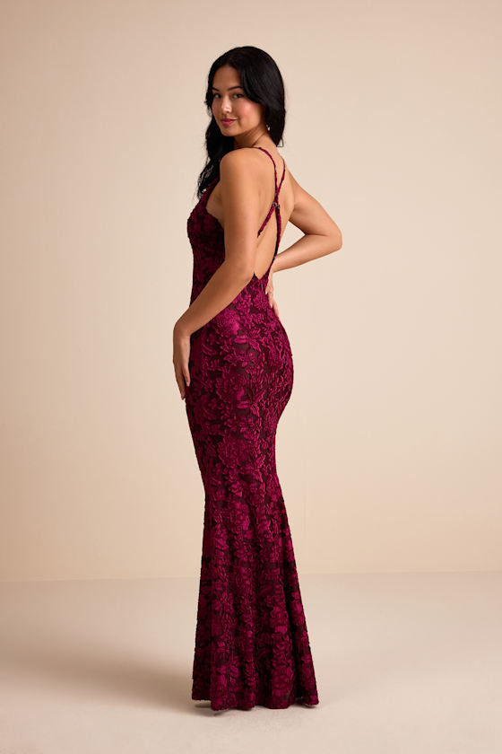 Renissa Burgundy Burnout Velvet Backless Mermaid Maxi Dress
