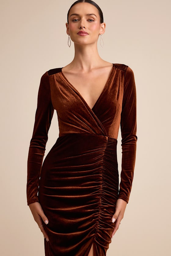 Yasna Brown Velvet Ruched Surplice Long Sleeve Maxi Dress