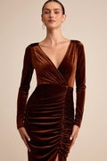 Yasna Brown Velvet Ruched Surplice Long Sleeve Maxi Dress