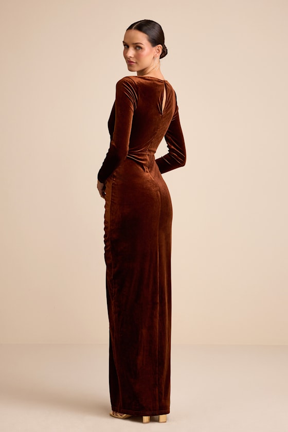 Yasna Brown Velvet Ruched Surplice Long Sleeve Maxi Dress