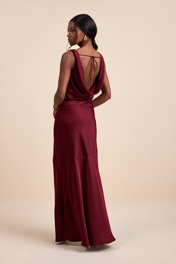 Aernah Wine Red Satin Cowl Tie-Back Slip Maxi Dress