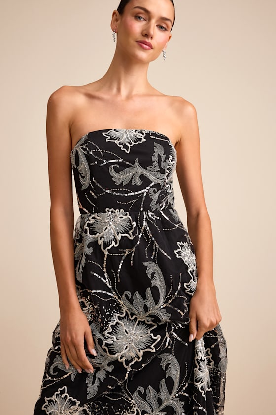 Tisdale Black and Silver Embroidered Strapless Maxi Dress