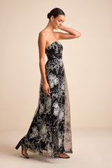 Tisdale Black and Silver Embroidered Strapless Maxi Dress