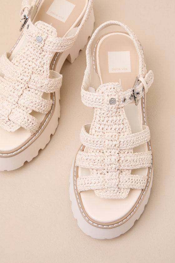 Latice Oatmeal Raffia Caged Platform Sandals