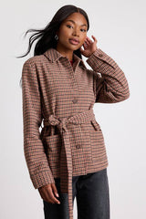 Kimley Beige Multi Plaid Belted Collared Jacket