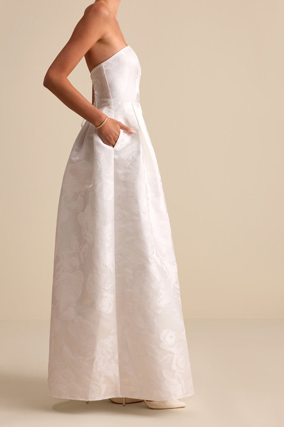 Laurelin White Jacquard Pleated Strapless Maxi Dress