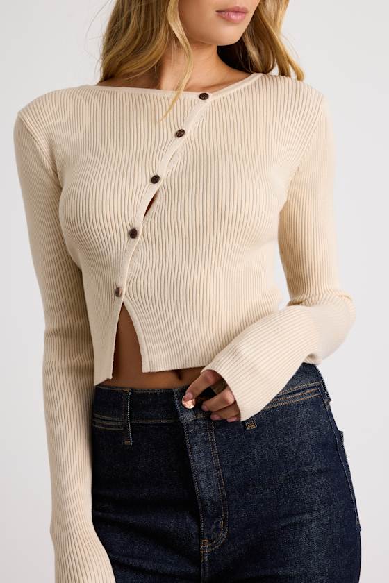 Paxlynn Beige Ribbed Asymmetrical Cardigan Top