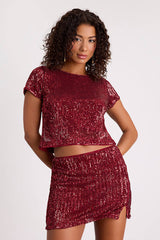 Isotta Burgundy Sequin Low-Rise Mini Skirt