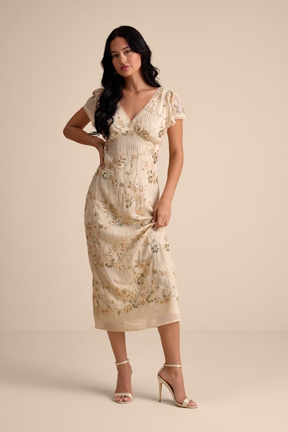 Angelila Beige Sequin Beaded Short Sleeve Midi Dress