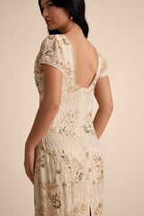 Angelila Beige Sequin Beaded Short Sleeve Midi Dress