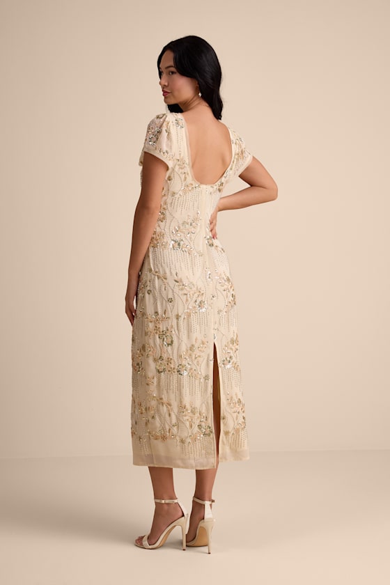 Angelila Beige Sequin Beaded Short Sleeve Midi Dress