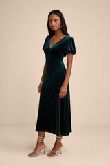 Obrissa Emerald Velvet Puff Sleeve Tie-Back Midi Dress