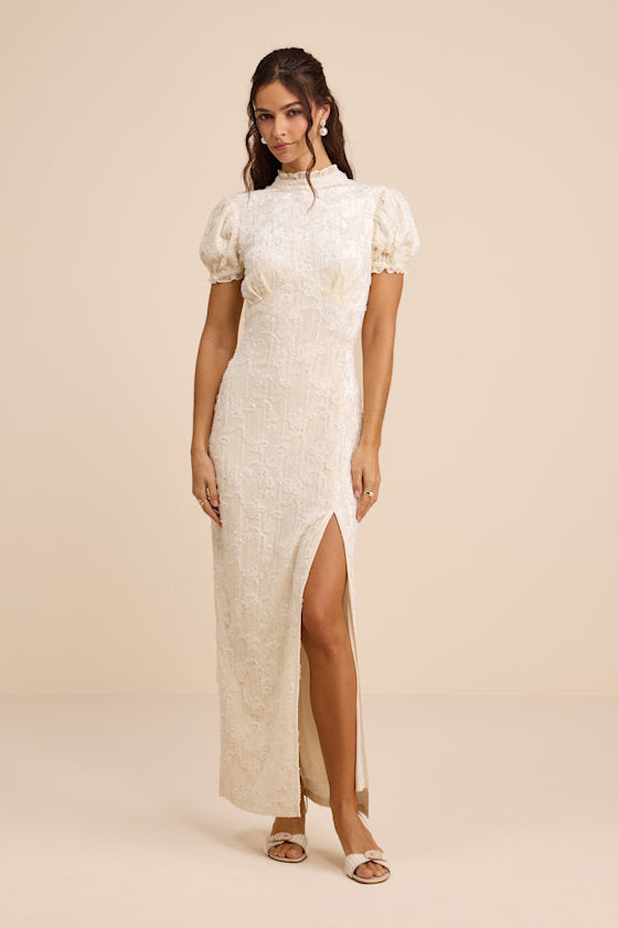Cadison Cream Textured Puff Sleeve Column Maxi Dress