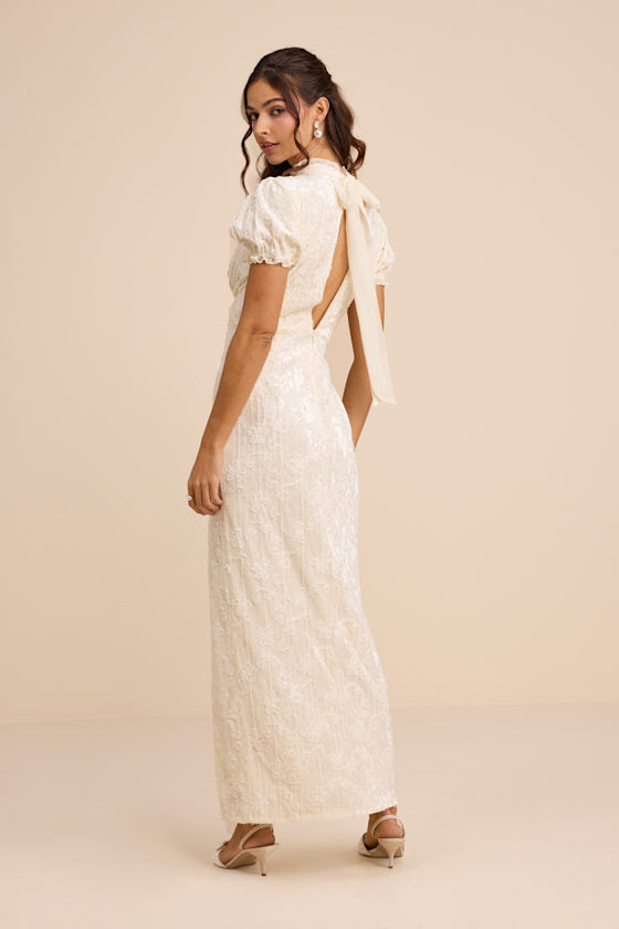 Cadison Cream Textured Puff Sleeve Column Maxi Dress