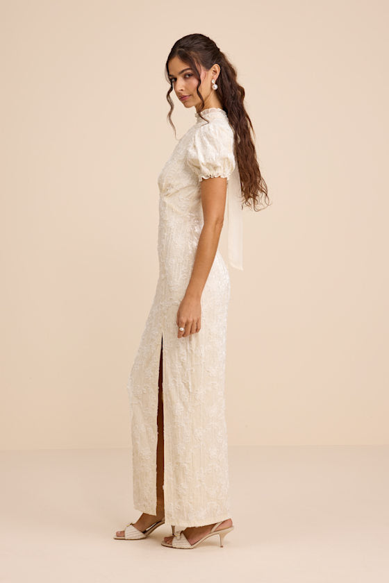 Cadison Cream Textured Puff Sleeve Column Maxi Dress