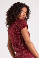 Isotta Burgundy Sequin Short Sleeve Crop Top