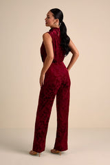 Micola Red Velvet Jacquard Mock Neck Jumpsuit