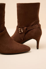 Jonelle Chocolate Suede Buckle High Heel Booties