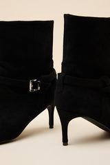 Jonelle Black Suede Buckle High Heel Booties