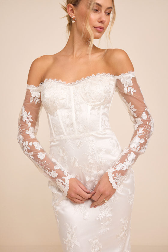 Lucina White Embroidered Bustier Long Sleeve Maxi Dress