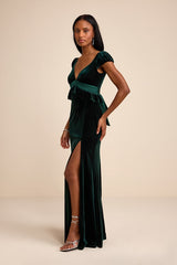 Romari Emerald Velvet Ruffled Puff Sleeve Bow Maxi Dress