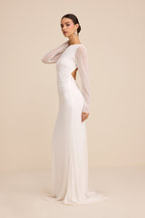 Mariani White Sequin Beaded Backless Long Sleeve Maxi Dress