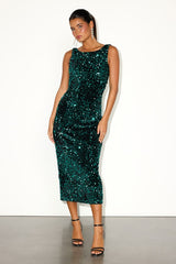 Oslah Emerald Velvet Sequin Cowl-Back Midi Dress