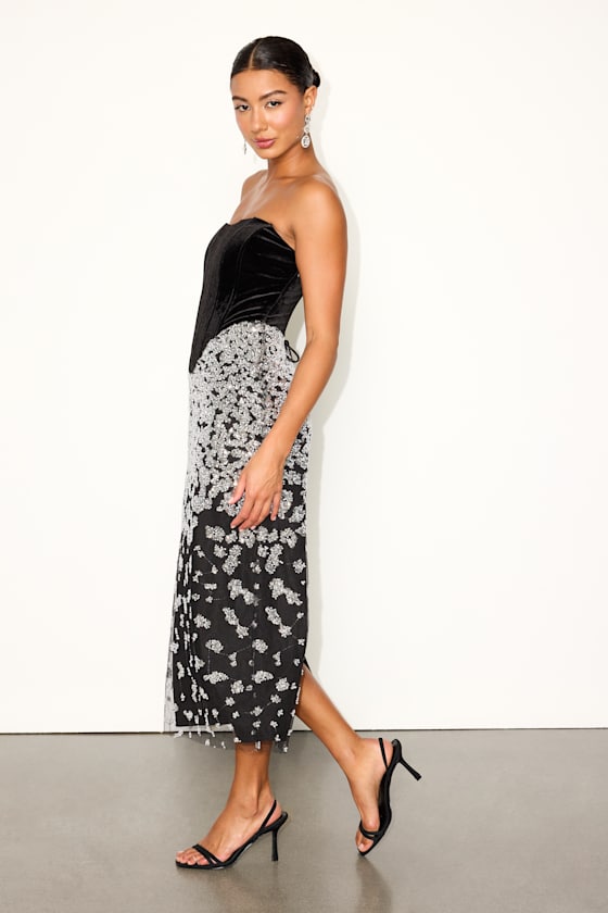 Renessa Black and Silver Velvet Sequin Strapless Midi Dress