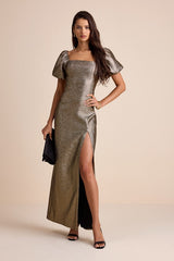 Celestina Bronze Lurex Puff Sleeve Mermaid Maxi Dress