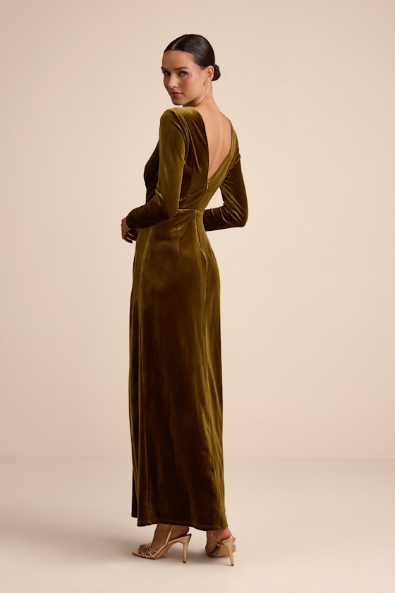 Angelina Olive Velvet Twist-Front Maxi Dress