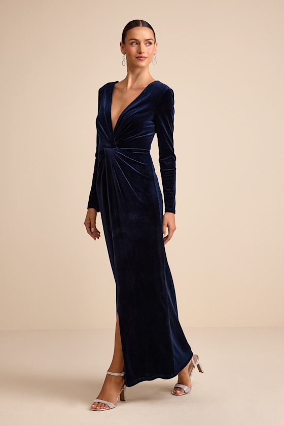 Angelina Navy Velvet Twist-Front Maxi Dress