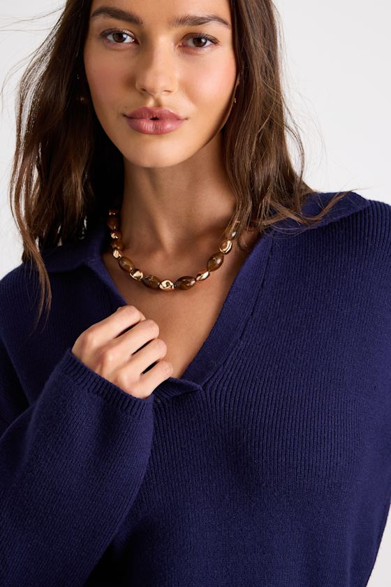 Rosella Navy Bodycon Collared Mini Sweater Dress