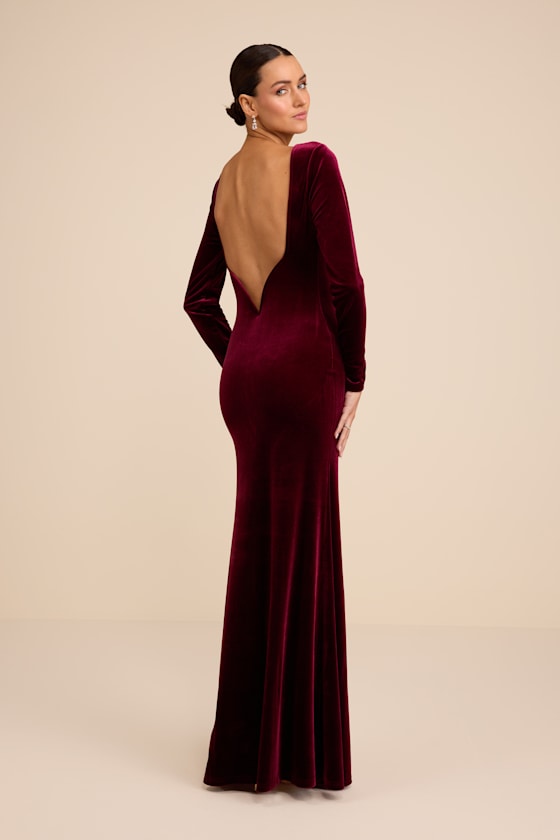 Rabeya Burgundy Velvet Backless Mermaid Maxi Dress