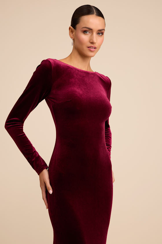Rabeya Burgundy Velvet Backless Mermaid Maxi Dress