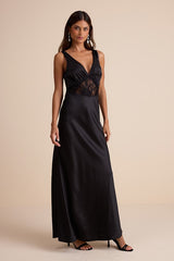 Toulouse Black Satin Lace Maxi Dress