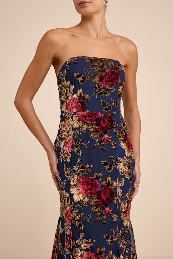 Anoah Navy Floral Velvet Burnout Strapless Maxi Dress