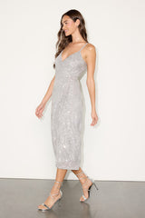 Jetta Silver Sequin Surplice Wrap Midi Dress