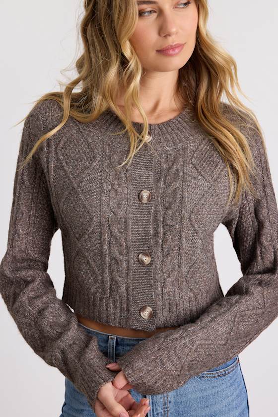 Kaia Brown Marled Cable Knit Cropped Cardigan