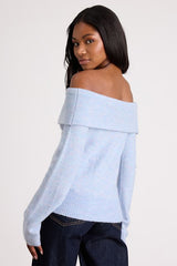 Melinda Light Blue Space Dye Off-the-Shoulder Sweater Top