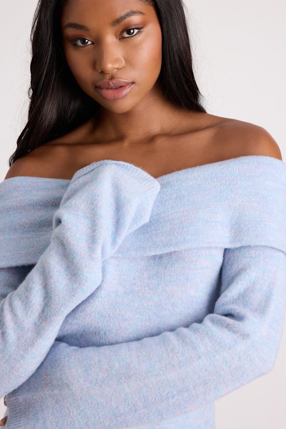 Melinda Light Blue Space Dye Off-the-Shoulder Sweater Top