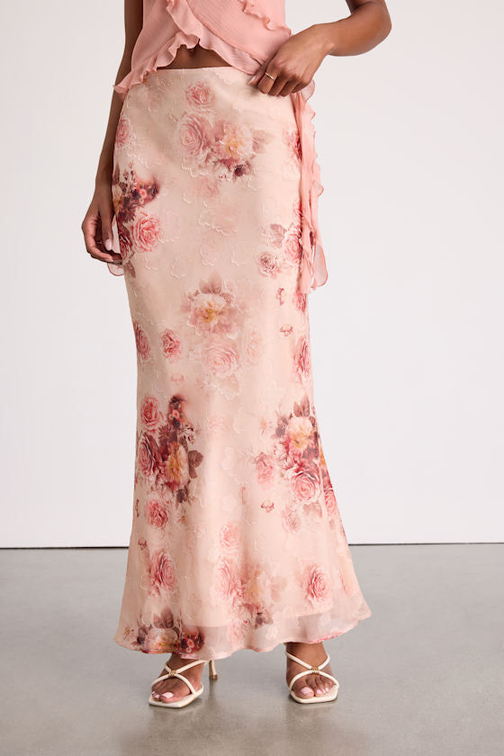 Adara Blush Floral Jacquard Slip Maxi Skirt