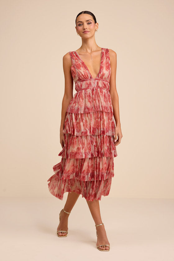 Valentia Magenta Plisse Sleeveless Tiered Midi Dress