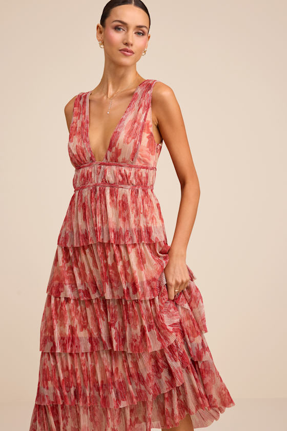 Valentia Magenta Plisse Sleeveless Tiered Midi Dress