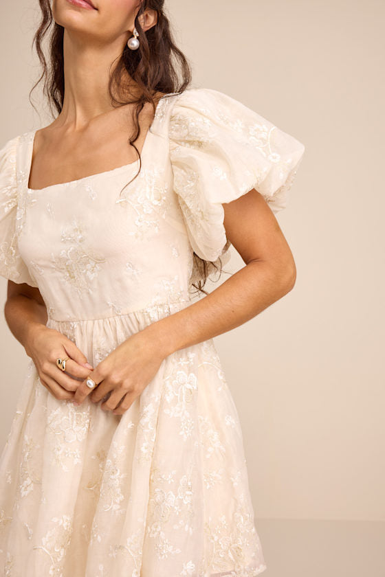 Cathaysa Cream Embroidered Puff Sleeve Bow Mini Dress