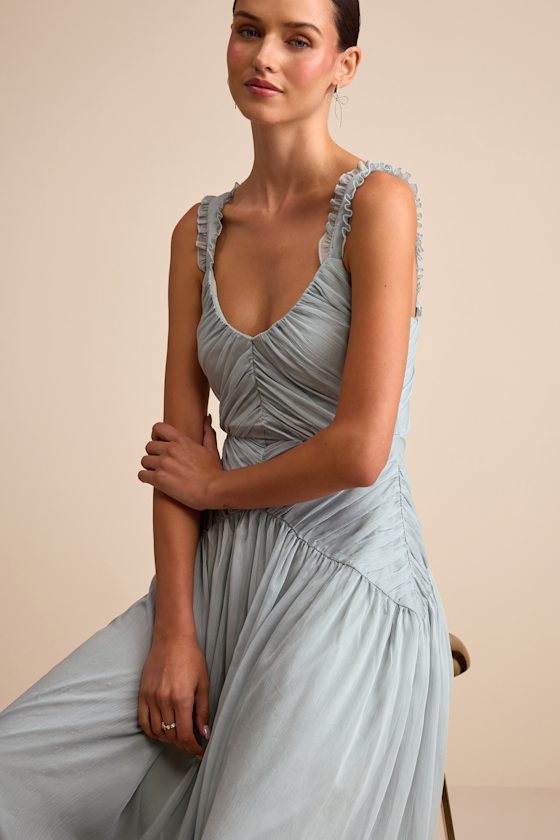 Laufey Dusty Blue Pleated Drop Waist Midi Dress
