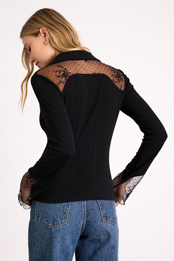 Wynette Black Sheer Embroidered Button-Up Top
