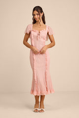 Aviara Light Pink Lace Ruffled Flutter Sleeve Midi Dress