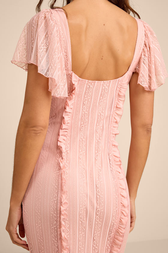Aviara Light Pink Lace Ruffled Flutter Sleeve Midi Dress