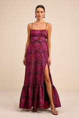 Jasiel Burgundy Jacquard Lace-Up Tiered Maxi Dress